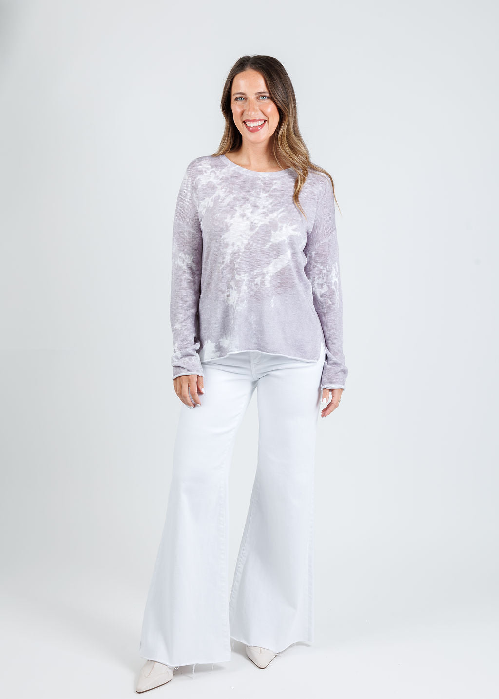 J Society Tie Dye Long Sleeve Crew Sweater in Cloud paired with Pistola Izzy High Rise Wide Leg Jeans in White available at Barbara Katz