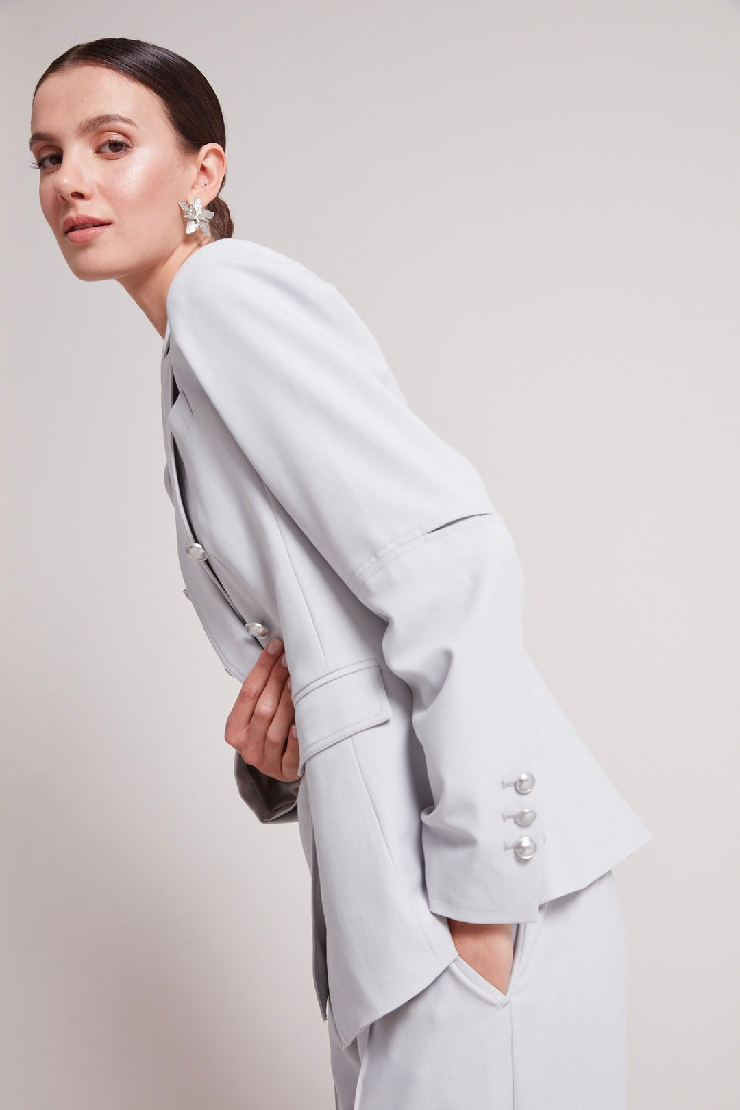 Adroit Atelier James Double Breasted Signature Stretch Blazer in Light Grey available at Barbara Katz