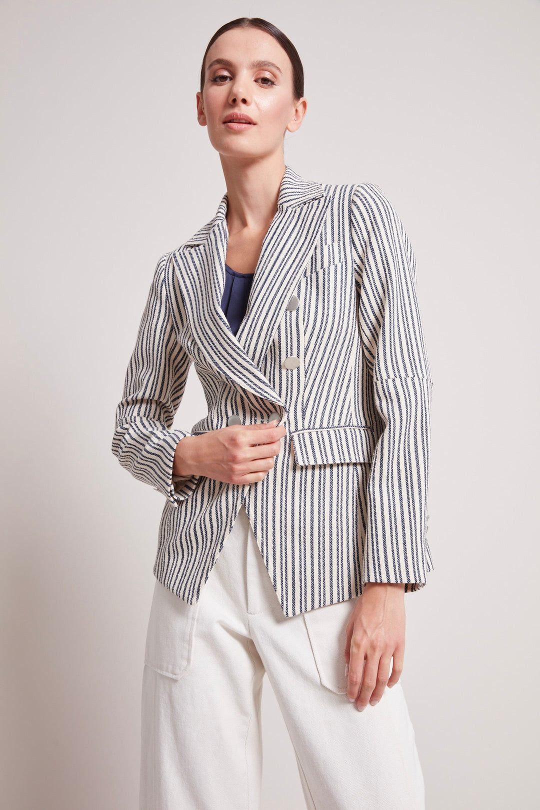 Adroit Atelier James Double Breasted Signature Blazer in Navy/Off White Stripes available at Barbara Katz