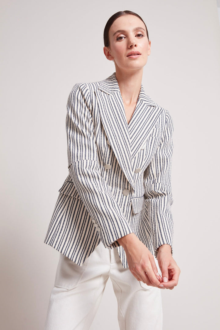Adroit Atelier James Double Breasted Signature Blazer in Navy/Off White Stripes available at Barbara Katz