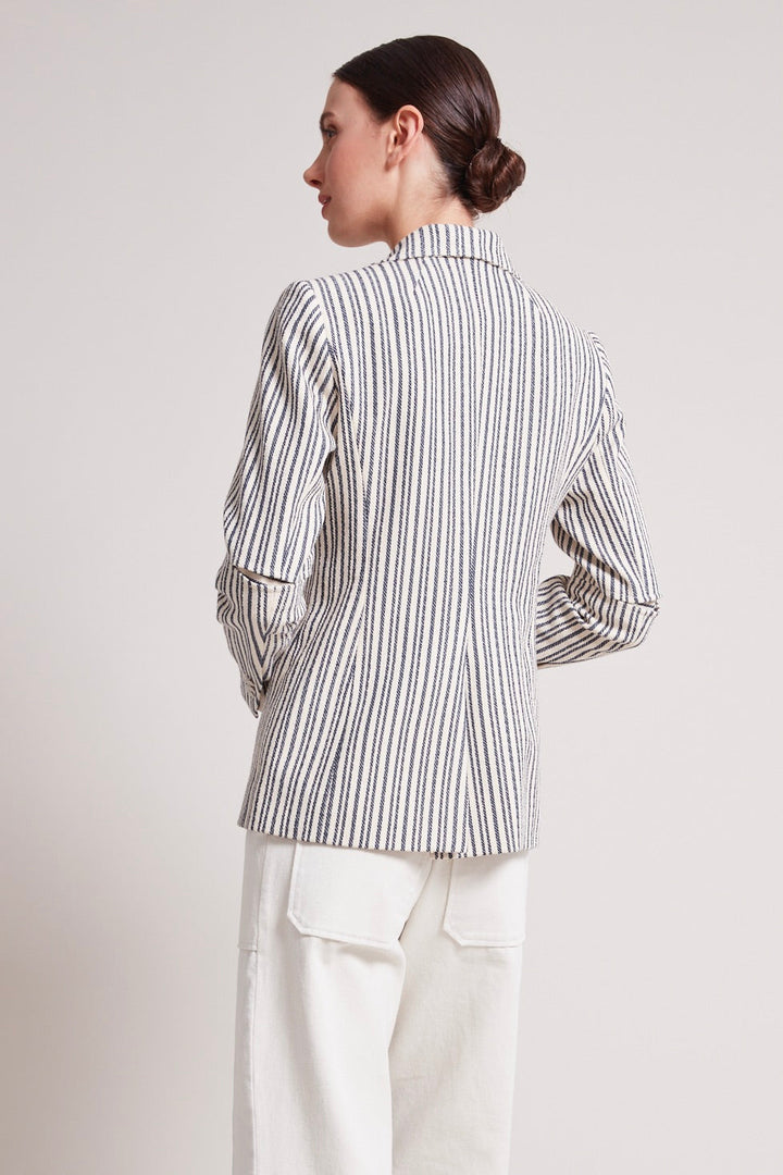 Adroit Atelier James Double Breasted Signature Blazer in Navy/Off White Stripes available at Barbara Katz