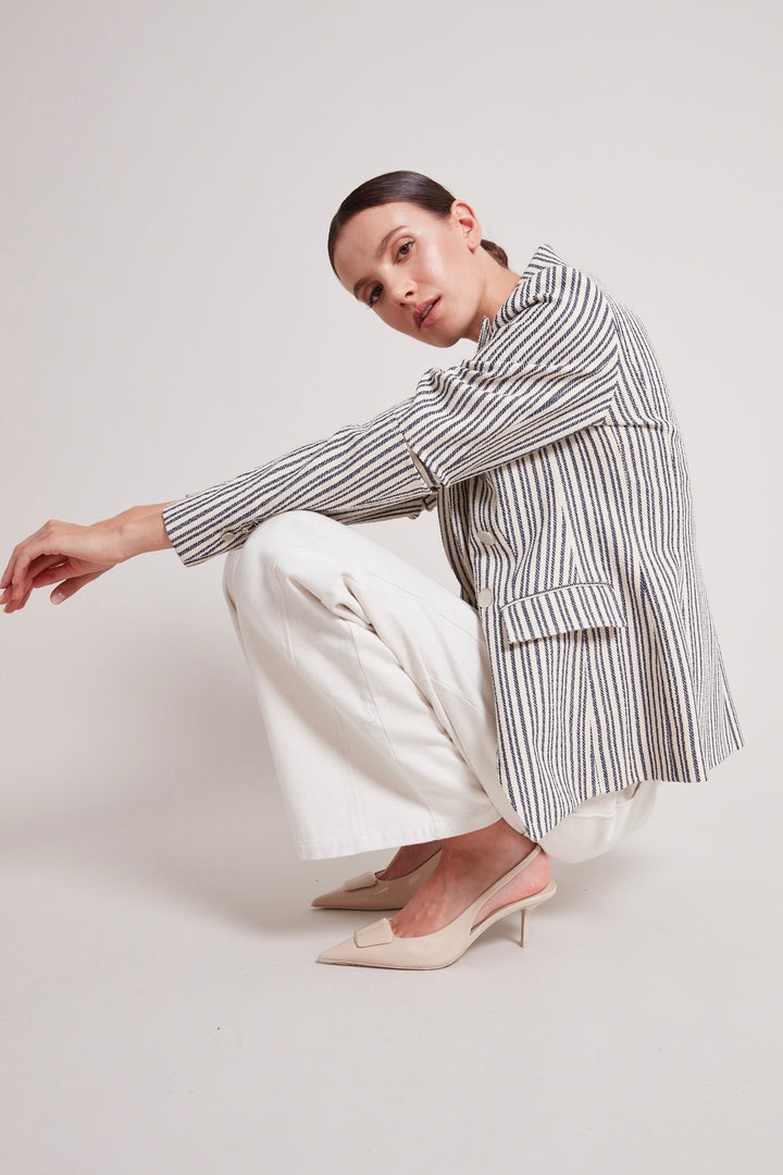 Adroit Atelier James Double Breasted Signature Blazer in Navy/Off White Stripes available at Barbara Katz