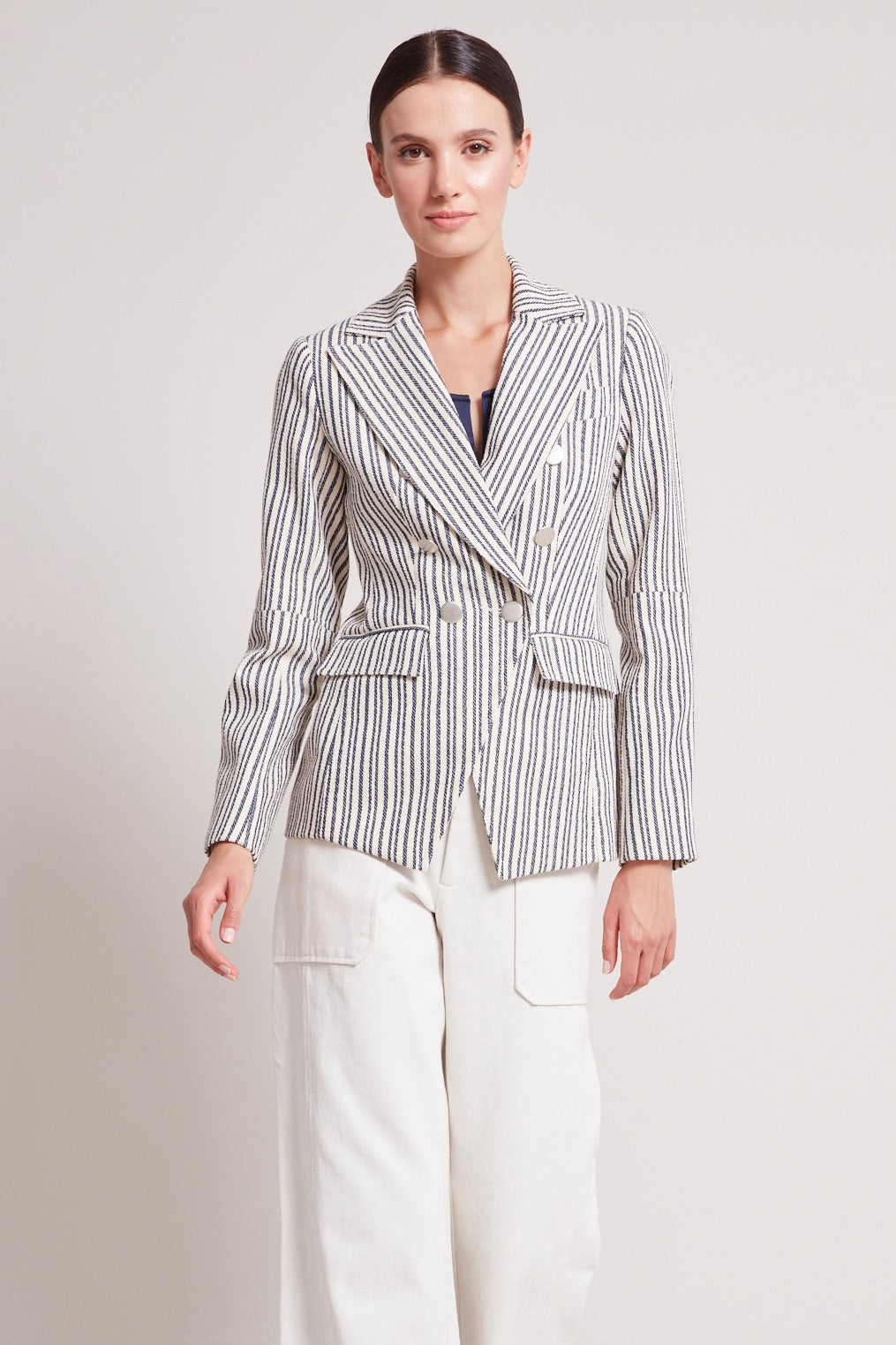 Adroit Atelier James Double Breasted Signature Blazer in Navy/Off White Stripes available at Barbara Katz