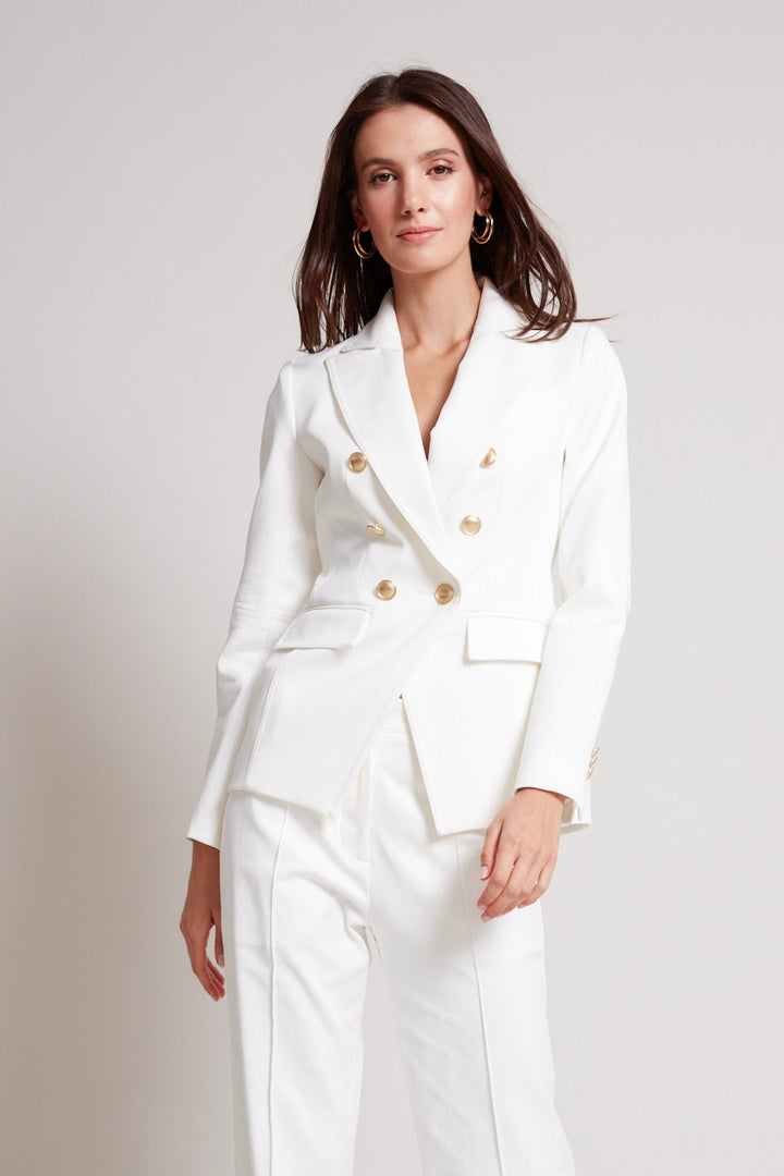 Adroit Atelier James Double Breasted Signature Stretch Blazer in White available at Barbara Katz