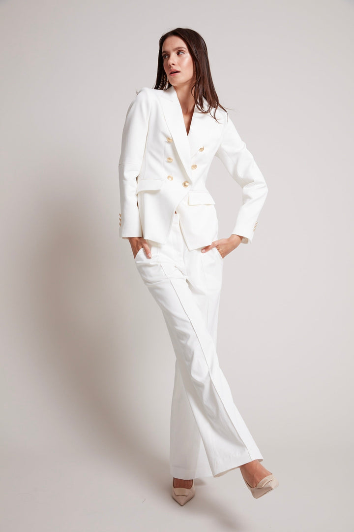 Adroit Atelier James Double Breasted Signature Stretch Blazer in White available at Barbara Katz
