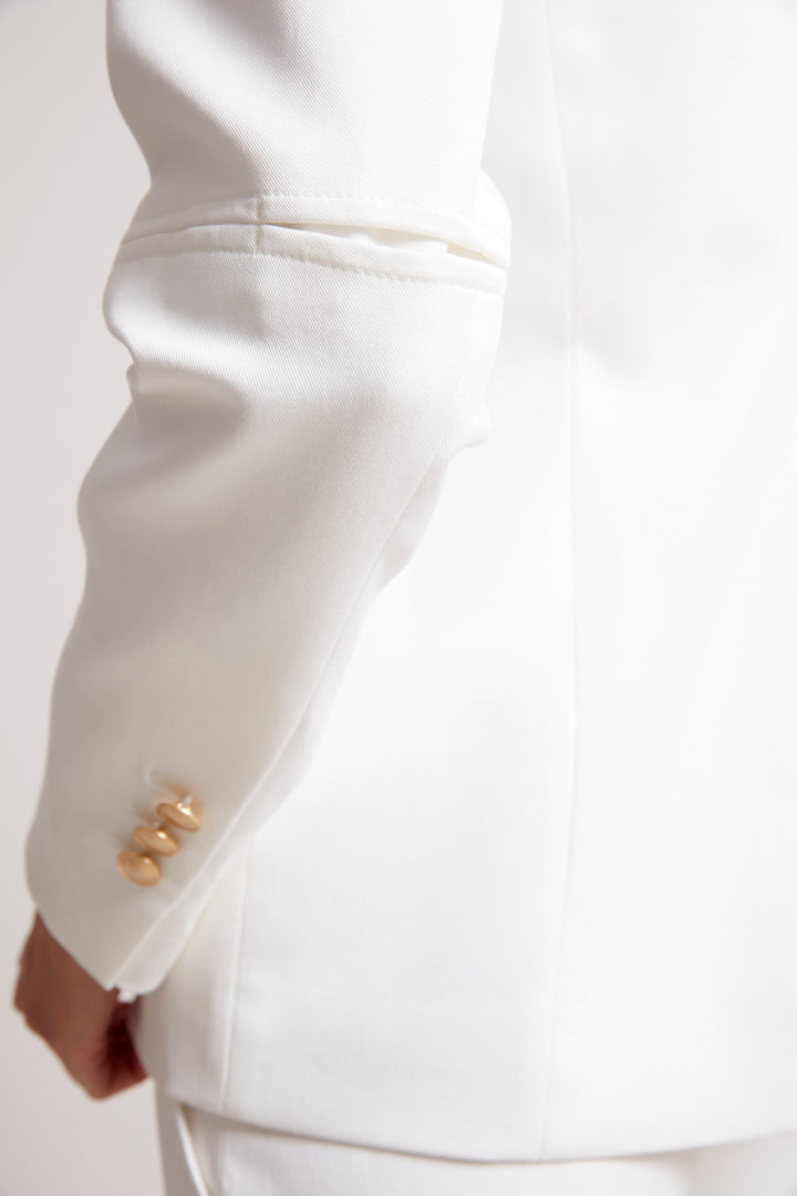 Adroit Atelier James Double Breasted Signature Stretch Blazer in White available at Barbara Katz