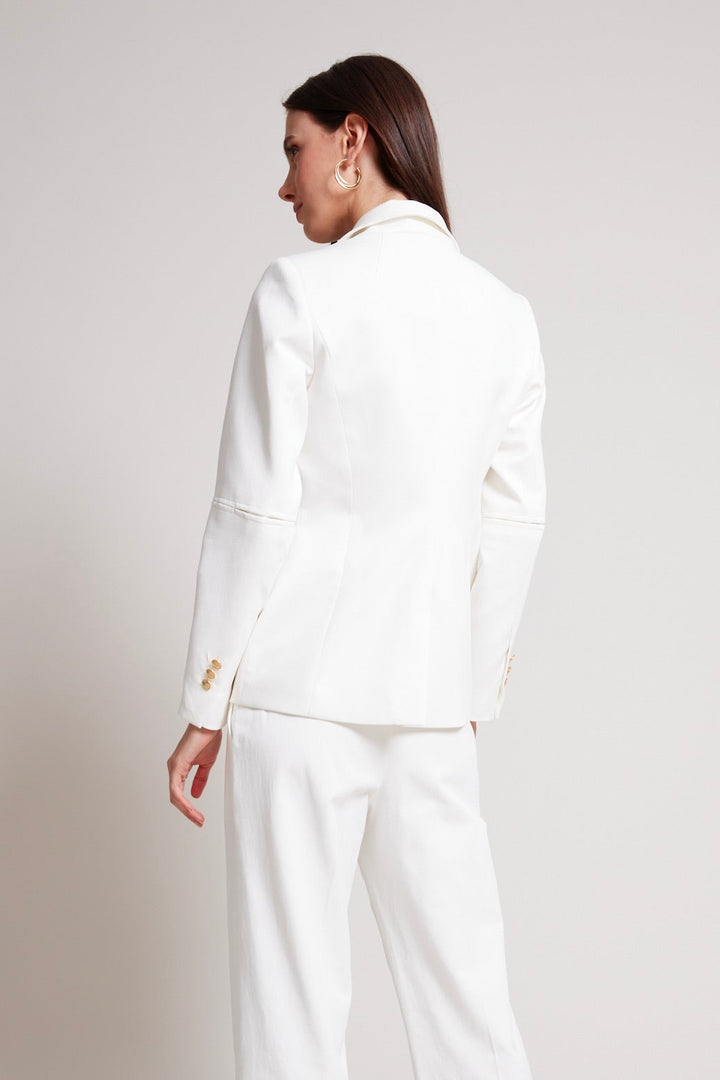 Adroit Atelier James Double Breasted Signature Stretch Blazer in White available at Barbara Katz