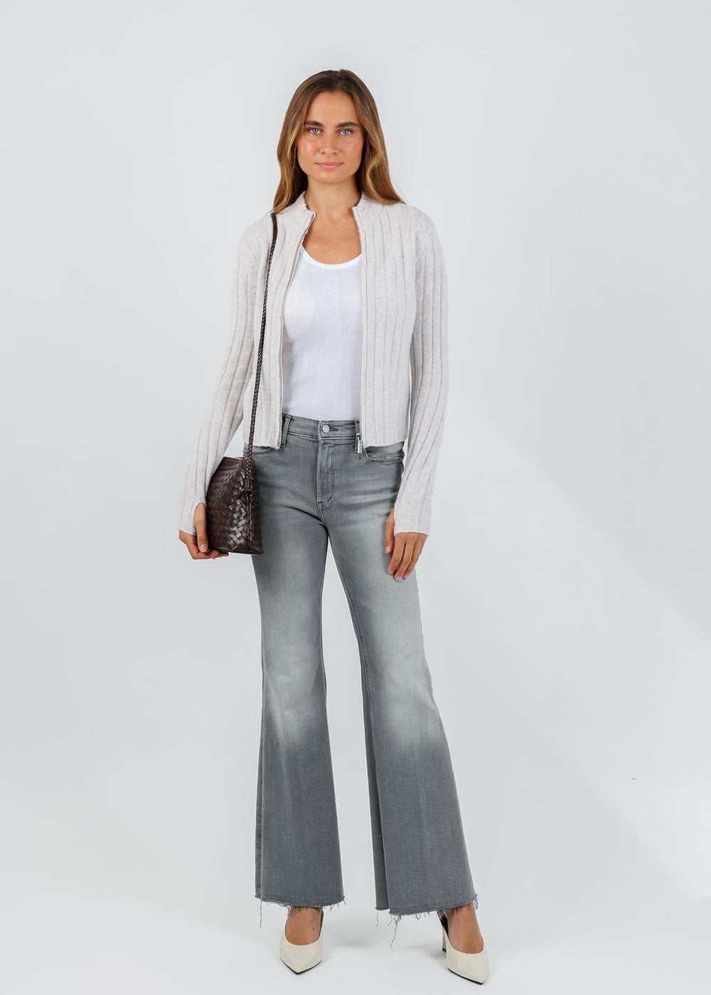 BK Jollie Cashmere Zip Ribbed Cardigan in Latte available at Barbara Katz