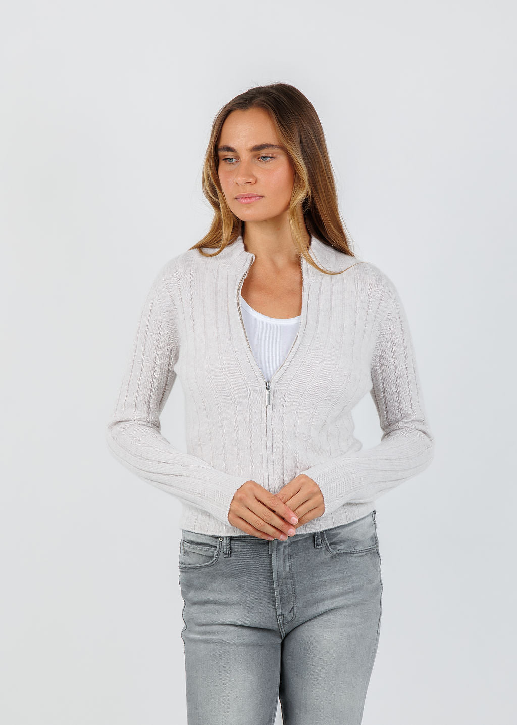 BK Jollie Cashmere Zip Ribbed Cardigan in Latte available at Barbara Katz