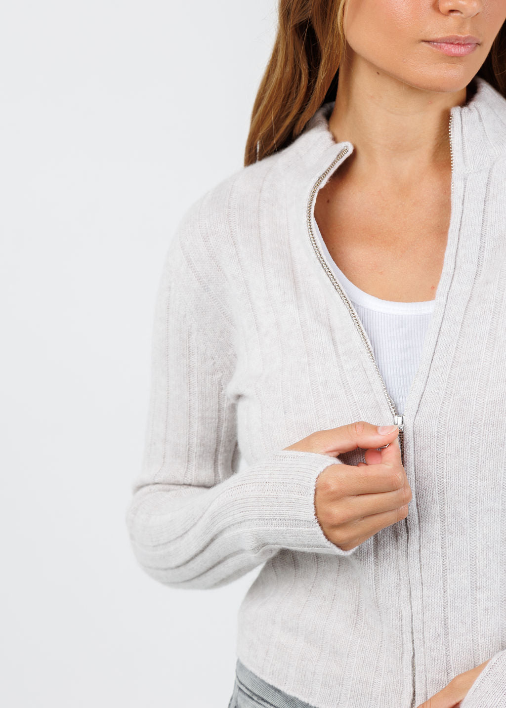 BK Jollie Cashmere Zip Ribbed Cardigan in Latte available at Barbara Katz