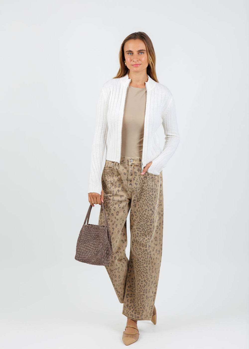 BK Jollie Cashmere Zip Ribbed Cardigan in White available at Barbara Katz