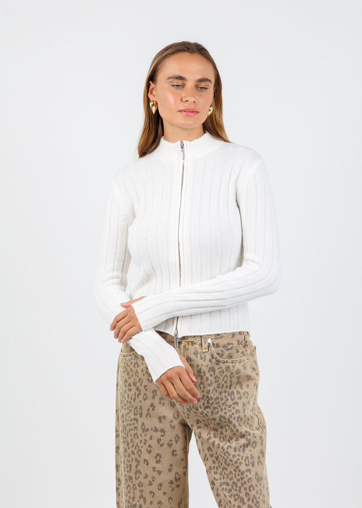 BK Jollie Cashmere Zip Ribbed Cardigan in White available at Barbara Katz