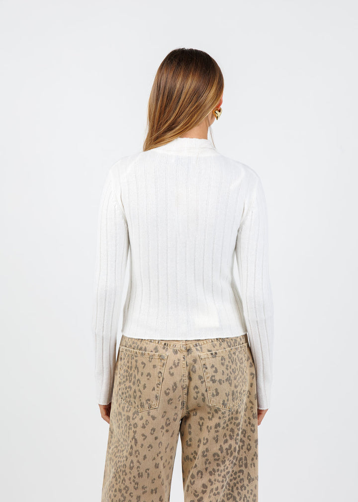 Jollie Cashmere Zip Ribbed Cardigan - White