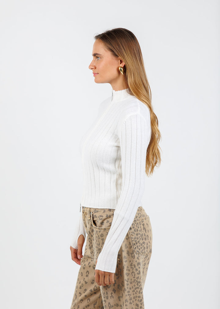 BK Jollie Cashmere Zip Ribbed Cardigan in White available at Barbara Katz