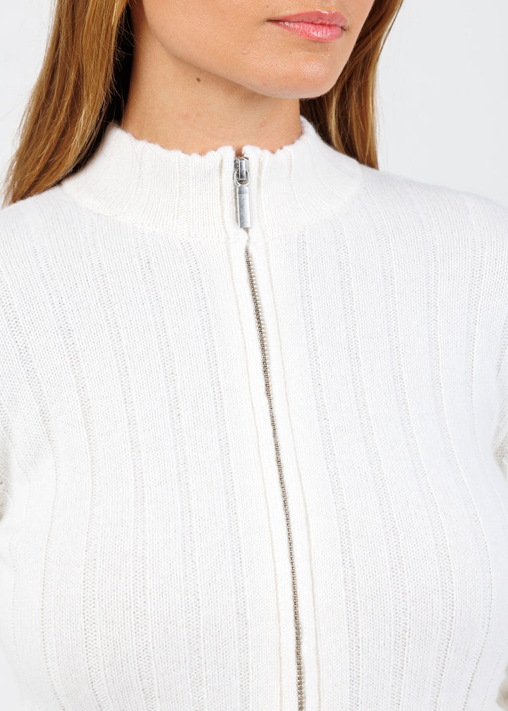 BK Jollie Cashmere Zip Ribbed Cardigan in White available at Barbara Katz