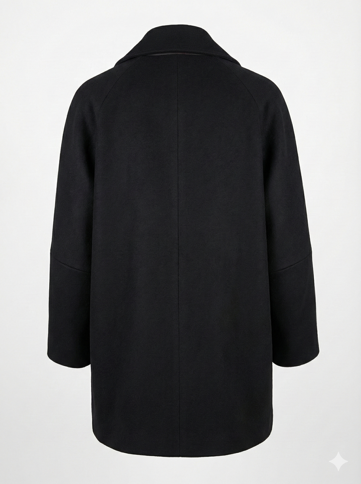 Adroit Atelier Jordan Double-Breasted Raglan Sleeve Wool Blend Coat in Black available at Barbara Katz