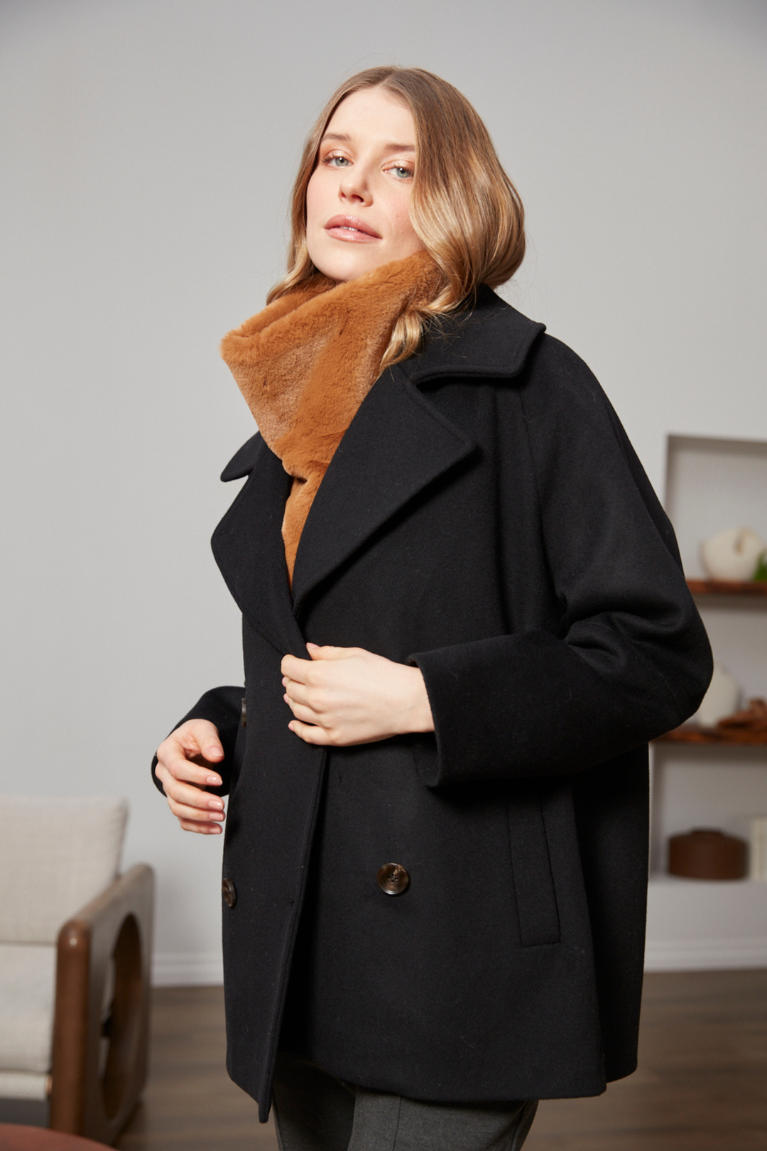 Adroit Atelier Jordan Double-Breasted Raglan Sleeve Wool Blend Coat in Black available at Barbara Katz