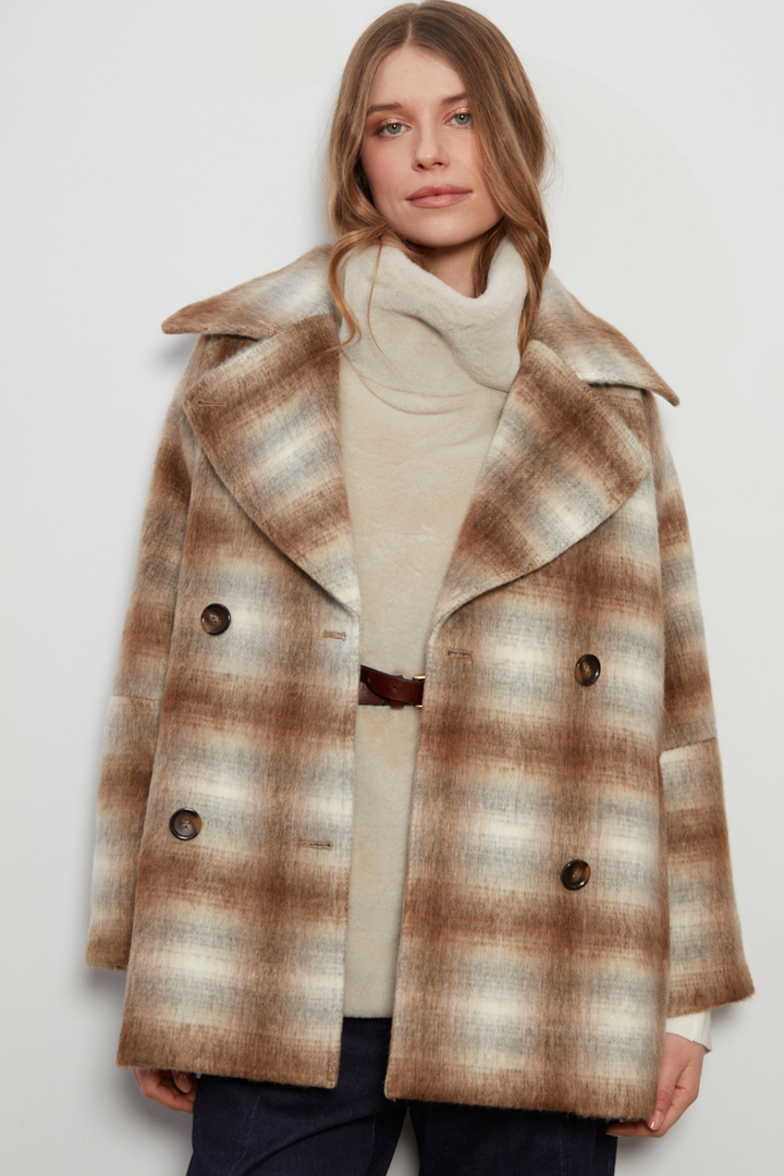 Adroit Atelier Jordan Double-Breasted Raglan Sleeve Wool Blend Coat in Tobacco/Cream Plaid available at Barbara Katz