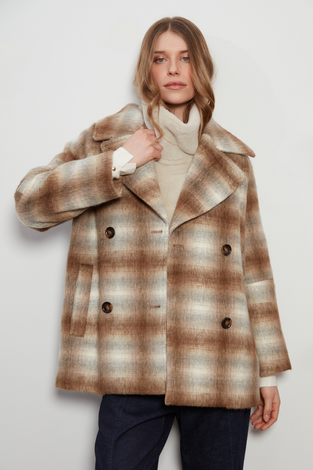 Adroit Atelier Jordan Double-Breasted Raglan Sleeve Wool Blend Coat in Tobacco/Cream Plaid available at Barbara Katz