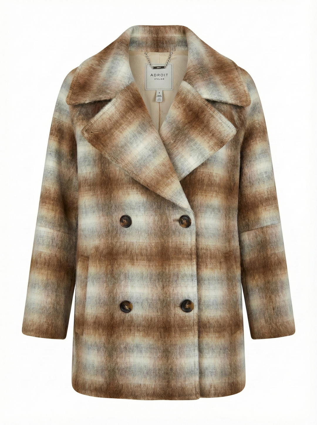 Adroit Atelier Jordan Double-Breasted Raglan Sleeve Wool Blend Coat in Tobacco/Cream Plaid available at Barbara Katz