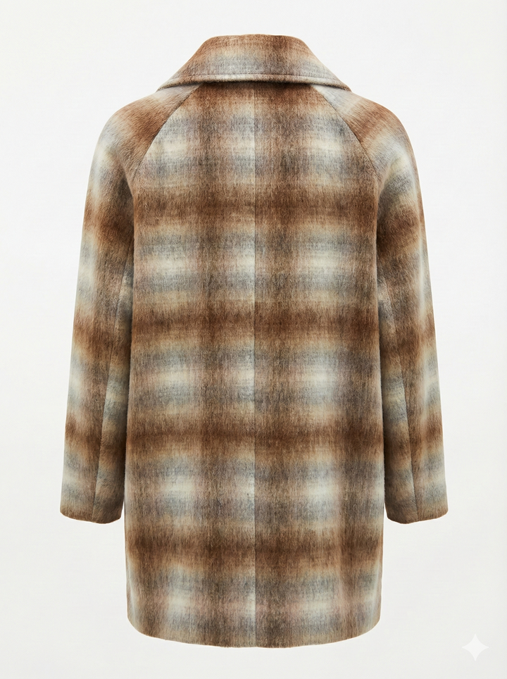 Adroit Atelier Jordan Double-Breasted Raglan Sleeve Wool Blend Coat in Tobacco/Cream Plaid available at Barbara Katz