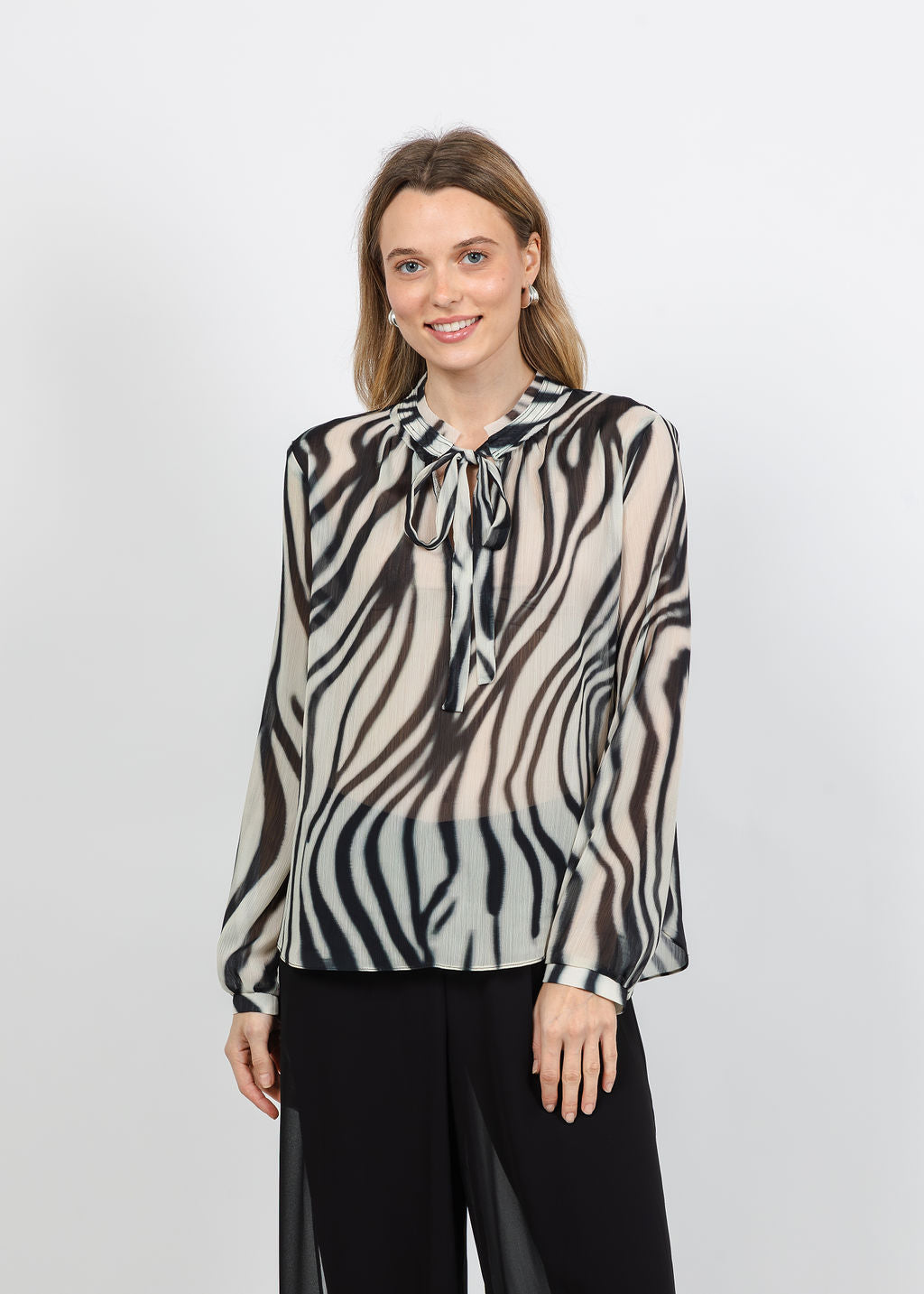 Joseph Ribkoff Animal Print Chiffon Tie-Neck Blouse in Off White/Black available at Barbara Katz
