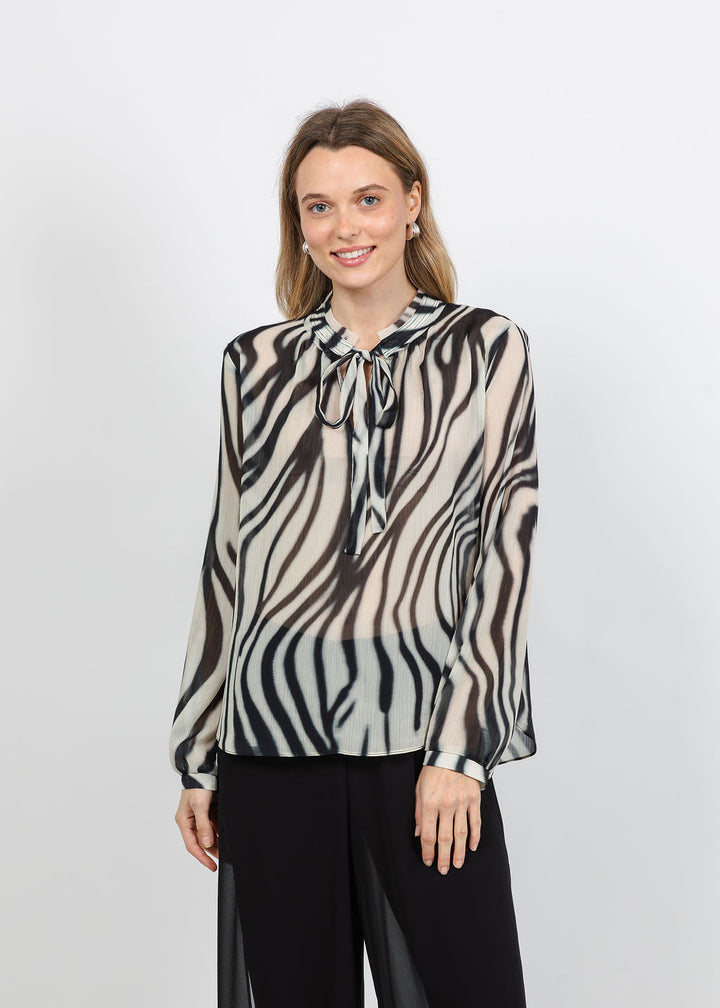 Joseph Ribkoff Animal Print Chiffon Tie-Neck Blouse in Off White/Black available at Barbara Katz