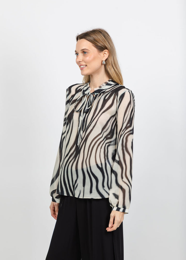 Joseph Ribkoff Animal Print Chiffon Tie-Neck Blouse in Off White/Black available at Barbara Katz