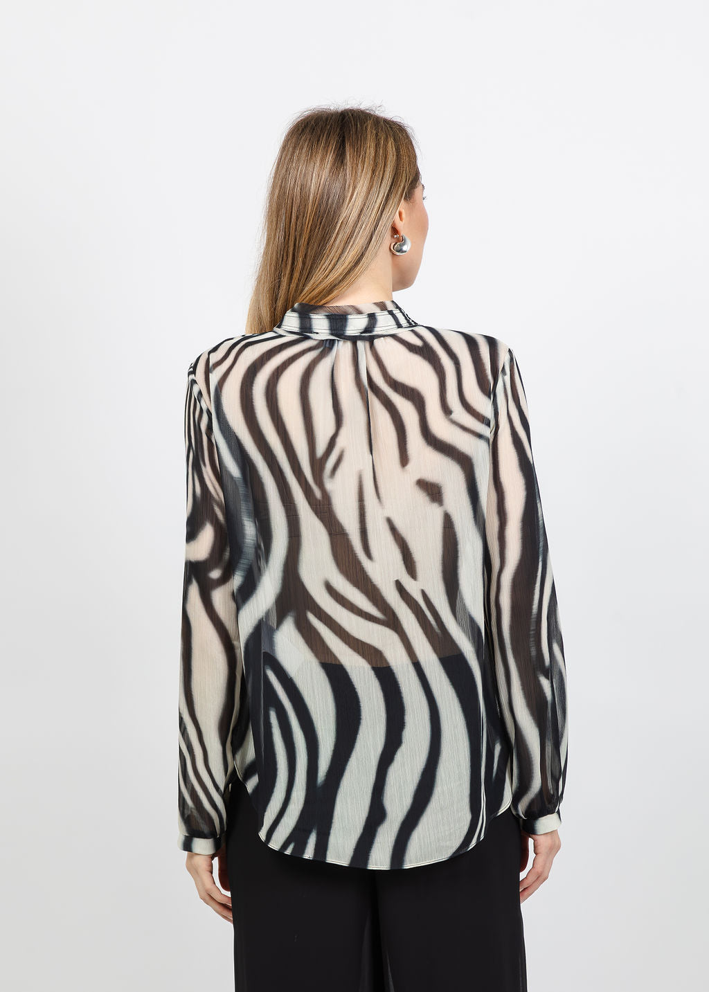 Joseph Ribkoff Animal Print Chiffon Tie-Neck Blouse in Off White/Black available at Barbara Katz