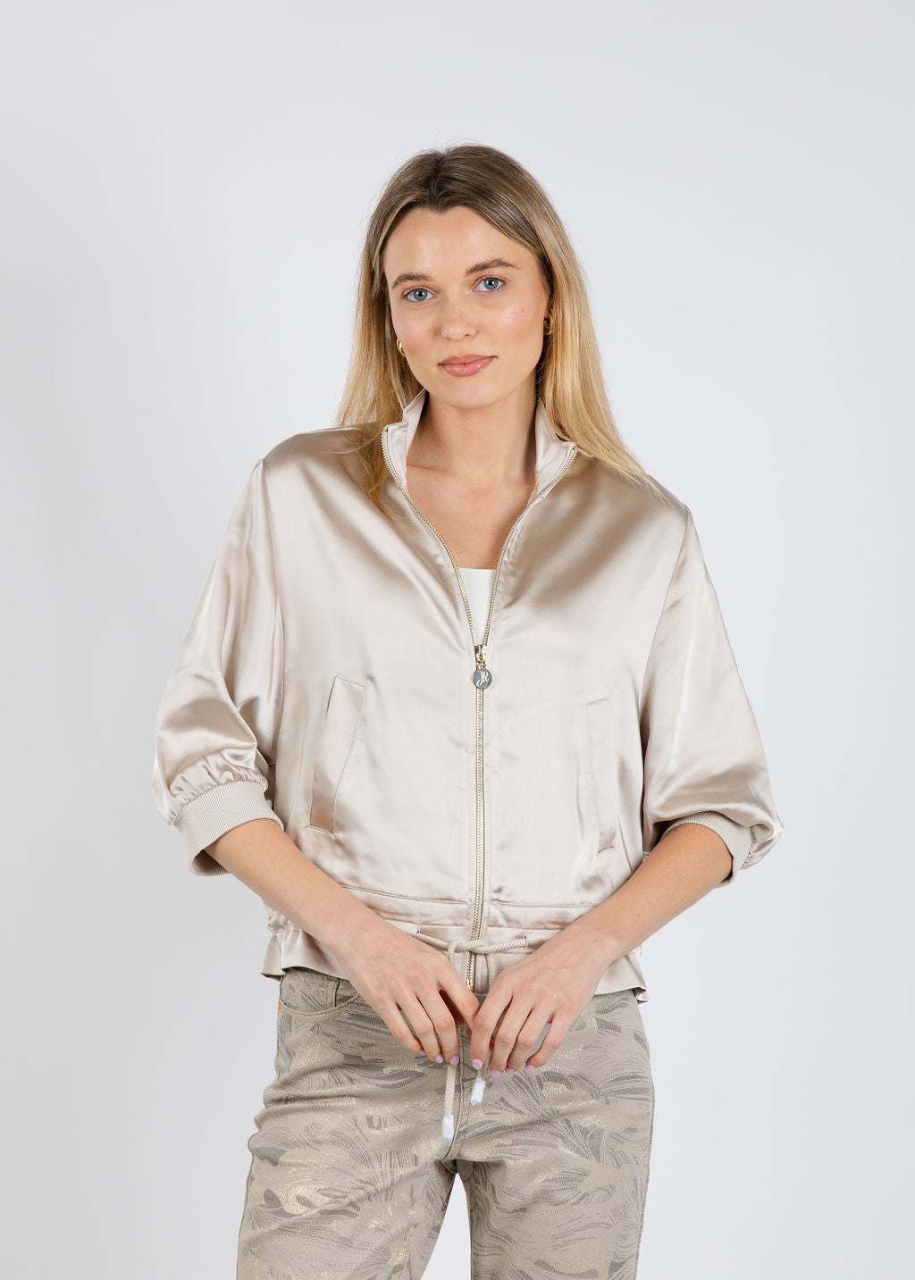 Joseph Ribkoff Boxy Blouson Jacket With Drawstring Hem in Moonstone available at Barbara Katz