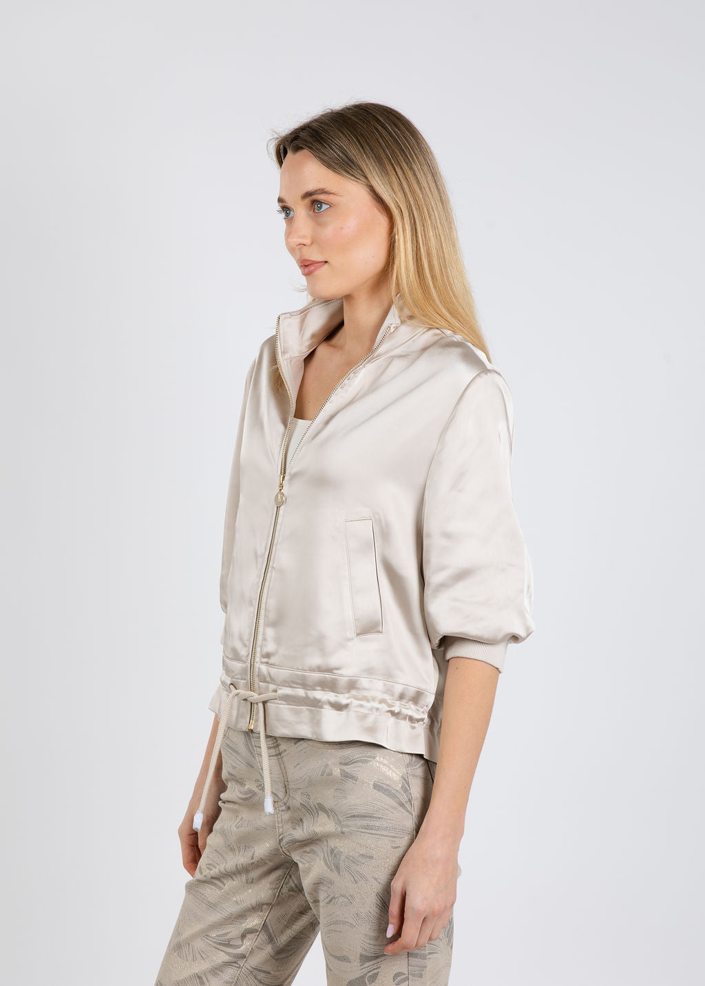 Joseph Ribkoff Boxy Blouson Jacket With Drawstring Hem in Moonstone available at Barbara Katz