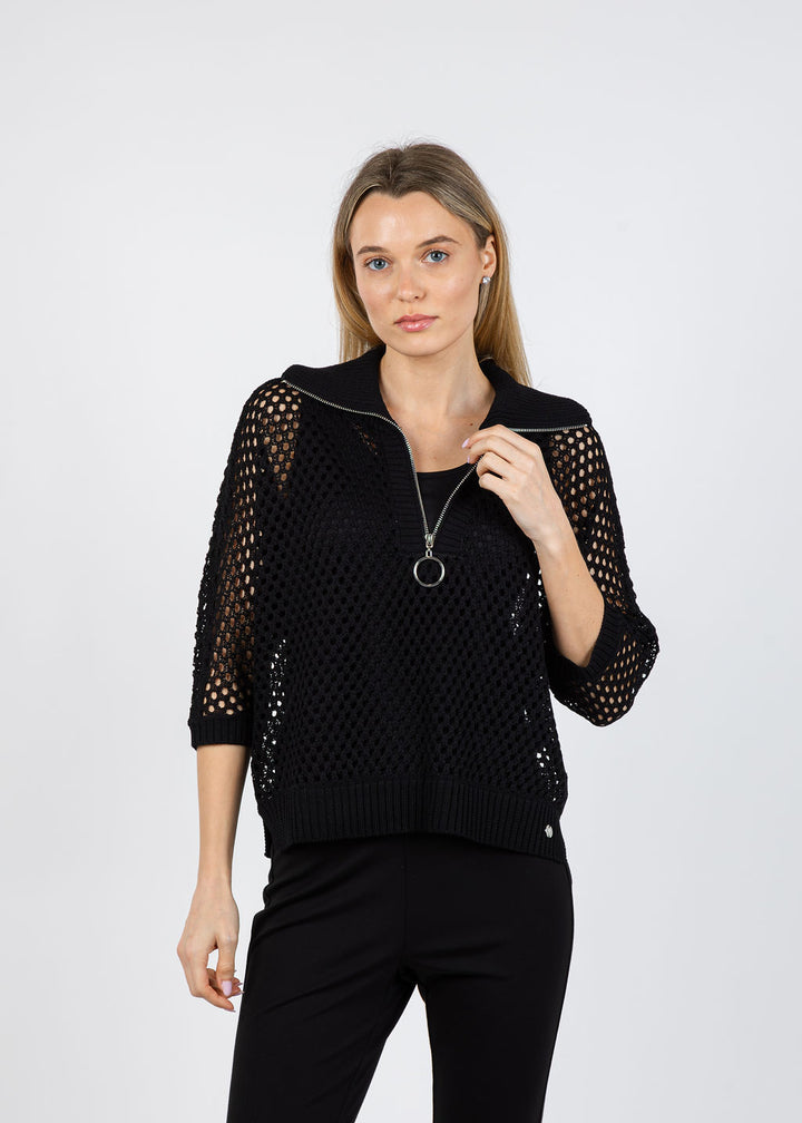 Joseph Ribkoff Boxy Zip Knit Sweater in Black available at Barbara Katz