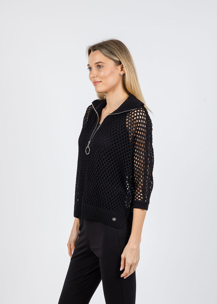 Joseph Ribkoff Boxy Zip Knit Sweater in Black available at Barbara Katz