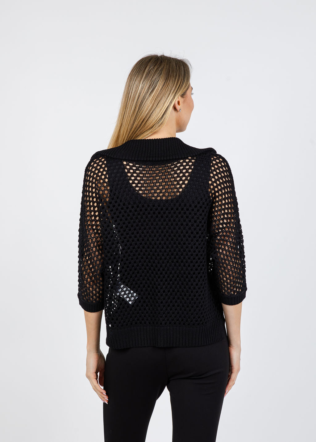 Joseph Ribkoff Boxy Zip Knit Sweater in Black available at Barbara Katz