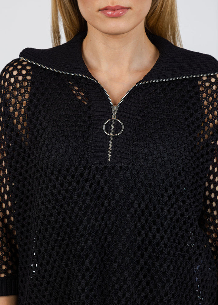 Joseph Ribkoff Boxy Zip Knit Sweater in Black available at Barbara Katz