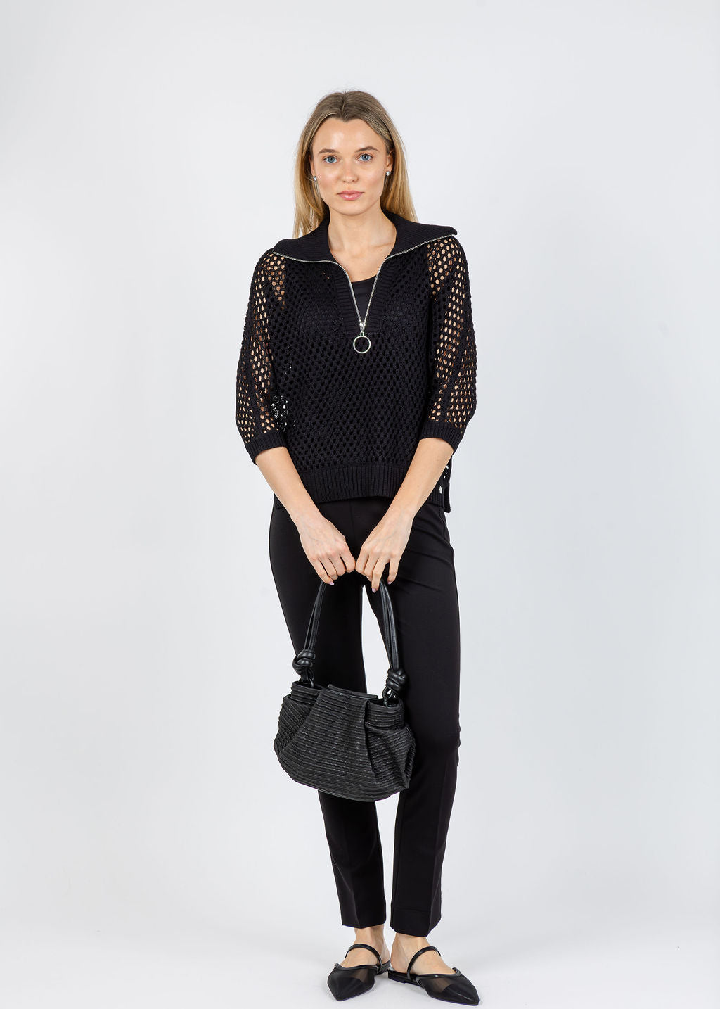 Joseph Ribkoff Boxy Zip Knit Sweater in Black available at Barbara Katz