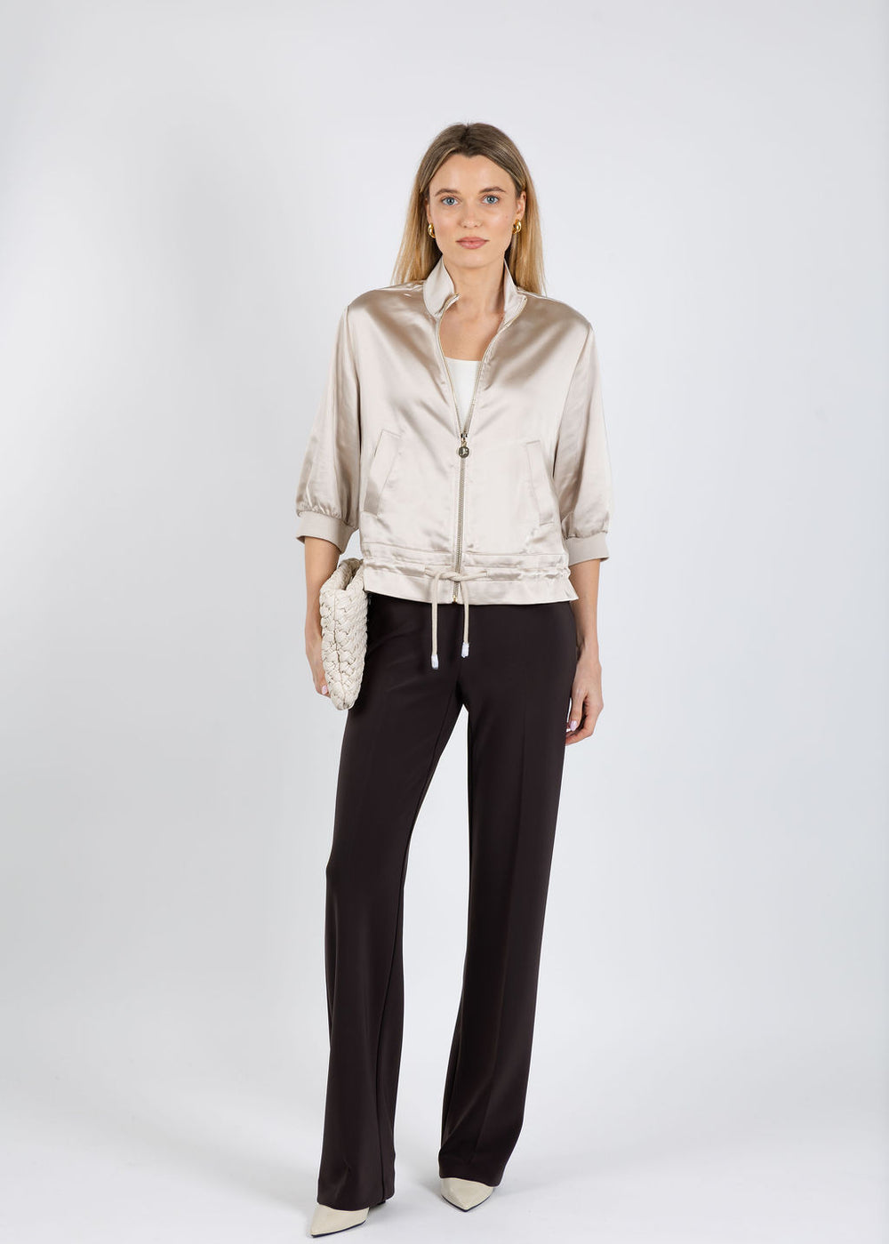 Joseph Ribkoff Boxy Blouson Jacket With Drawstring Hem in Moonstone paired with Joseph Ribkoff Classic Wide Leg Pants in Mocha available at Barbara Katz