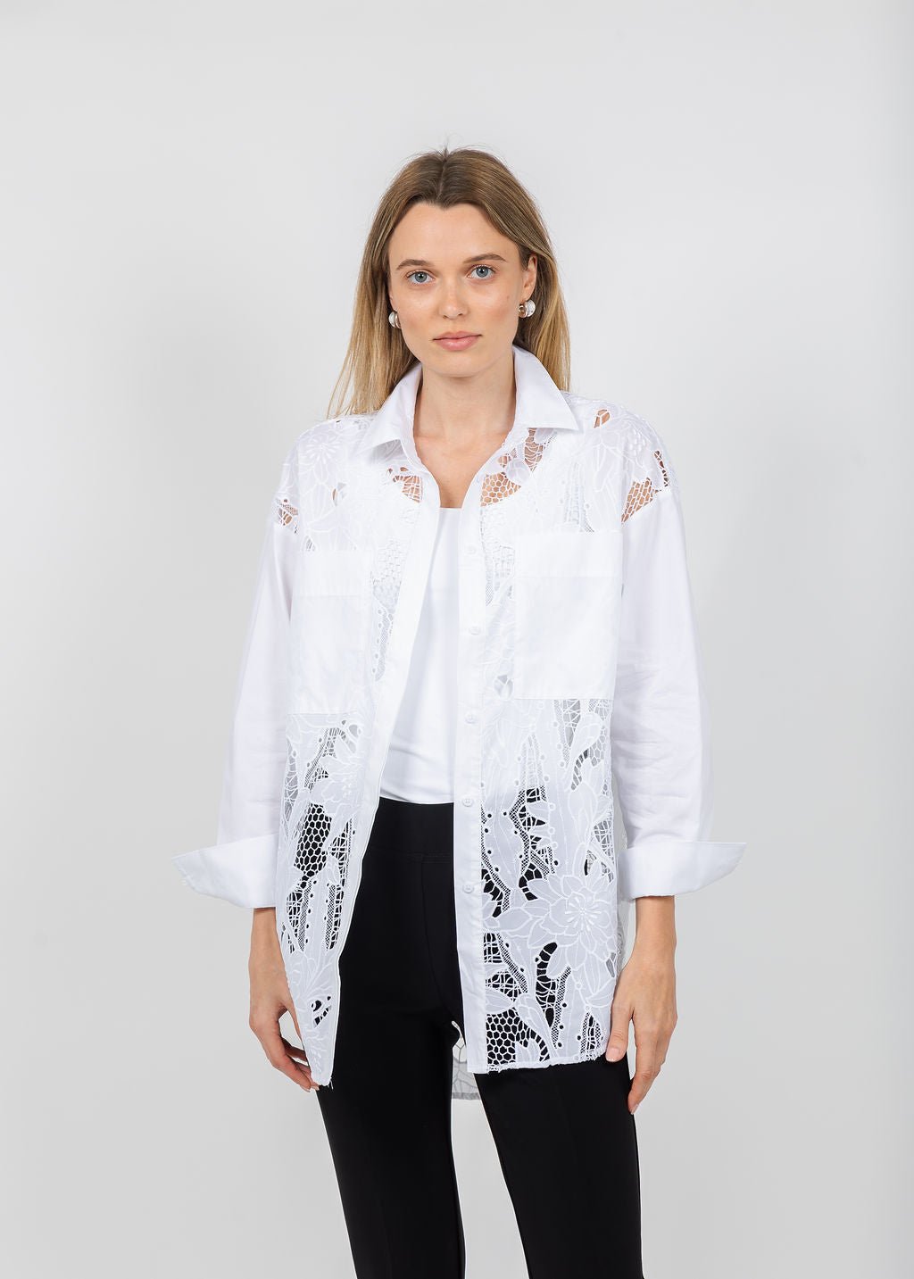 Joseph Ribkoff Cotton Lace Boxy Embroidered Blouse in White available at Barbara Katz