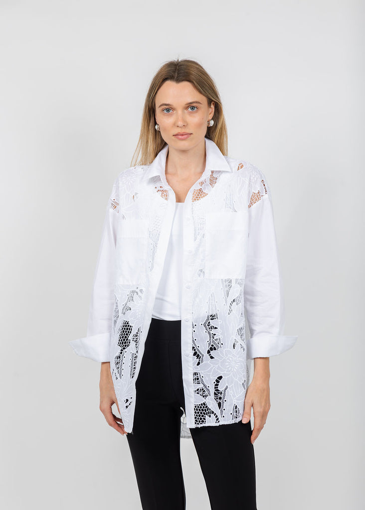 Joseph Ribkoff Cotton Lace Boxy Embroidered Blouse - White