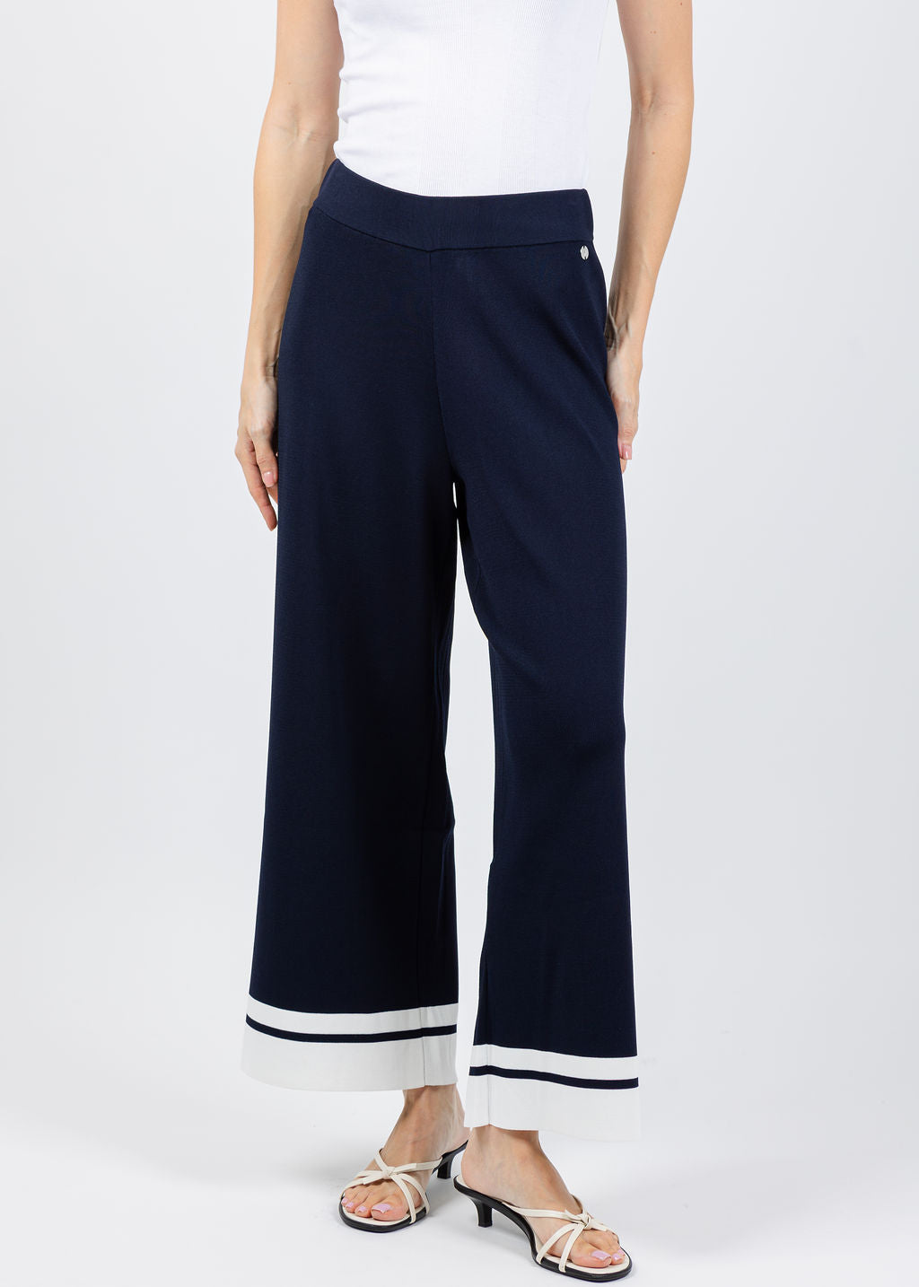 Joseph Ribkoff Culotte Pants With Stripe Detail in Midnight Blue/Vanilla available at Barbara Katz