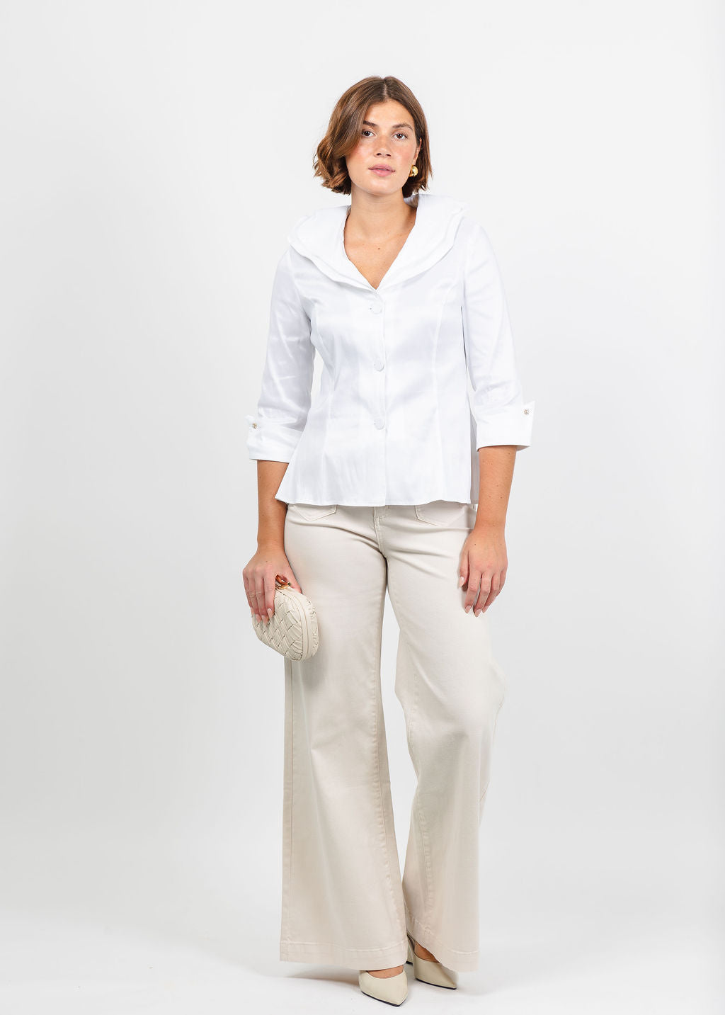 Joseph Ribkoff Double Lapel Collar Blouse in Vanilla available at Barbara Katz