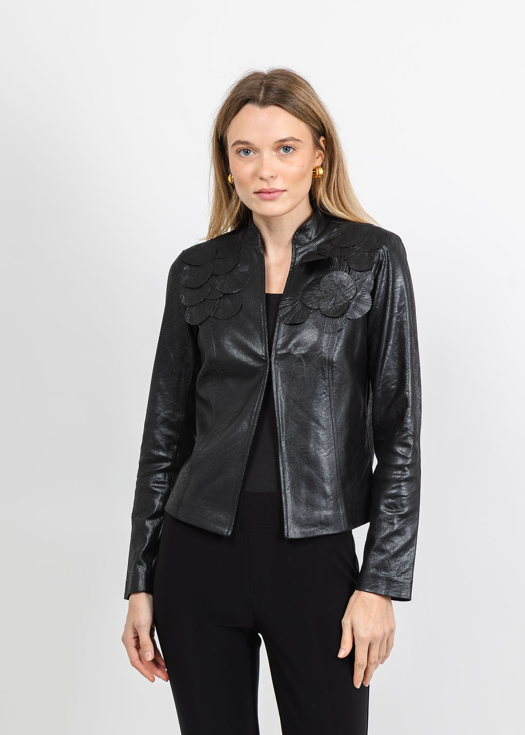 Joseph Ribkoff Embellished Foiled Suede Jacket in Black available at Barbara Katz