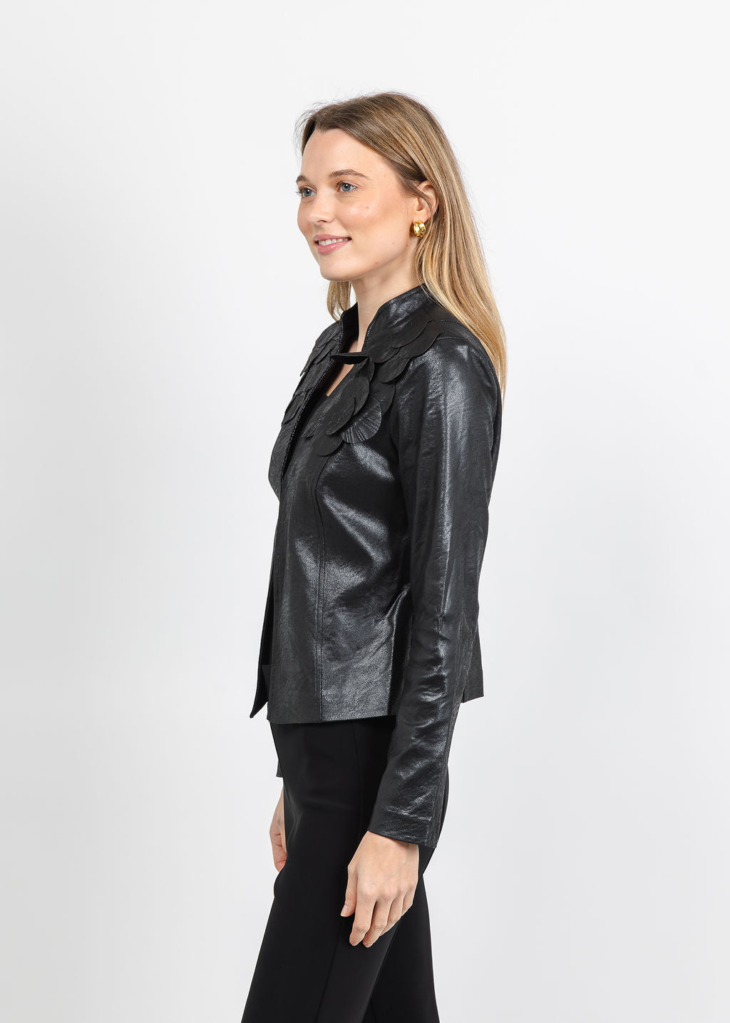 Joseph Ribkoff Embellished Foiled Suede Jacket in Black available at Barbara Katz