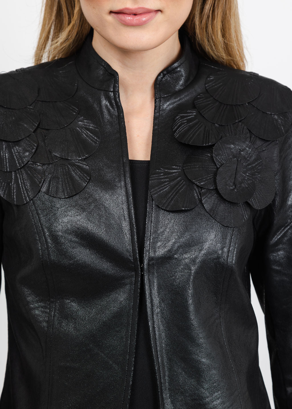 Joseph Ribkoff Embellished Foiled Suede Jacket in Black available at Barbara Katz