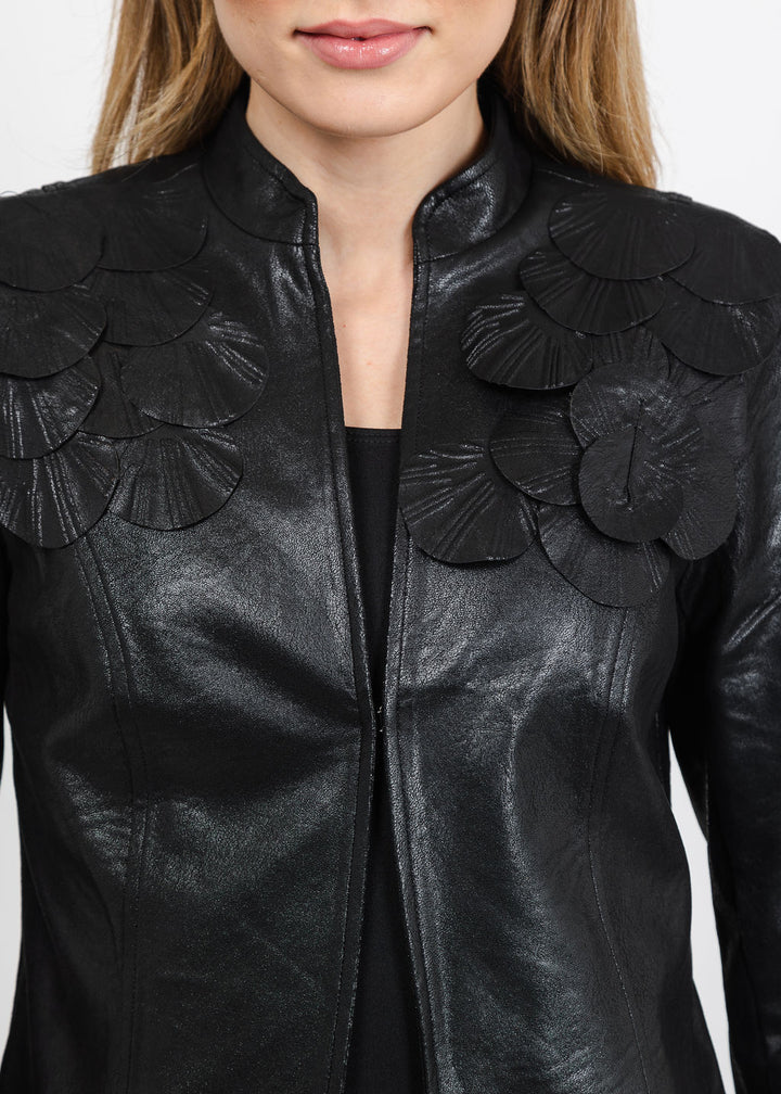 Joseph Ribkoff Embellished Foiled Suede Jacket in Black available at Barbara Katz