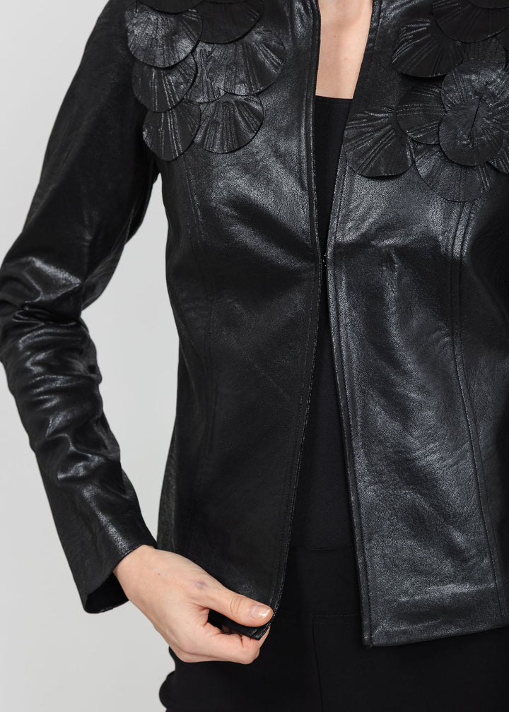 Joseph Ribkoff Embellished Foiled Suede Jacket in Black available at Barbara Katz