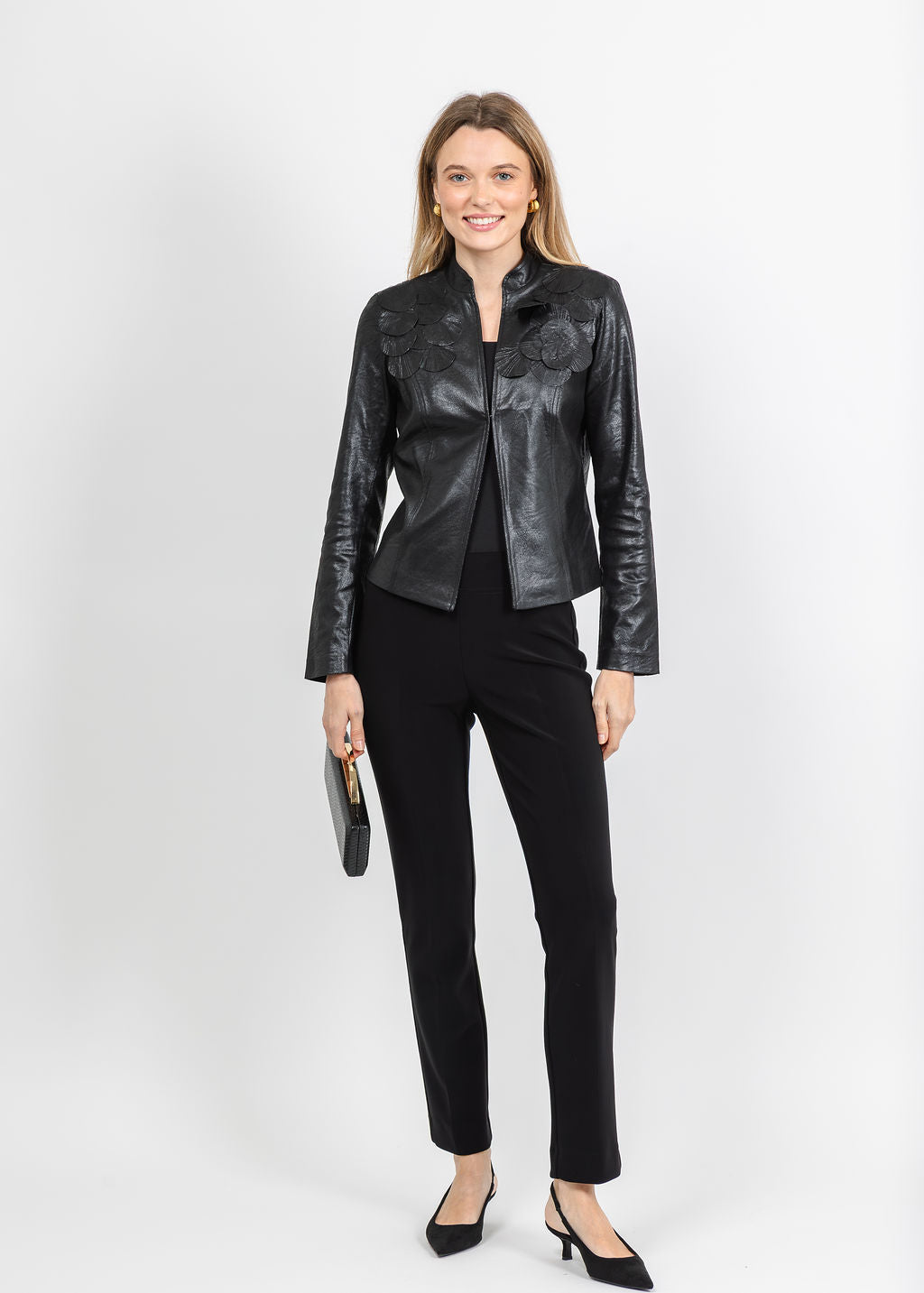 Joseph Ribkoff Embellished Foiled Suede Jacket in Black available at Barbara Katz