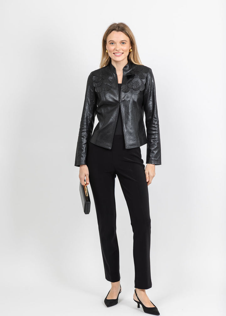 Joseph Ribkoff Embellished Foiled Suede Jacket in Black available at Barbara Katz