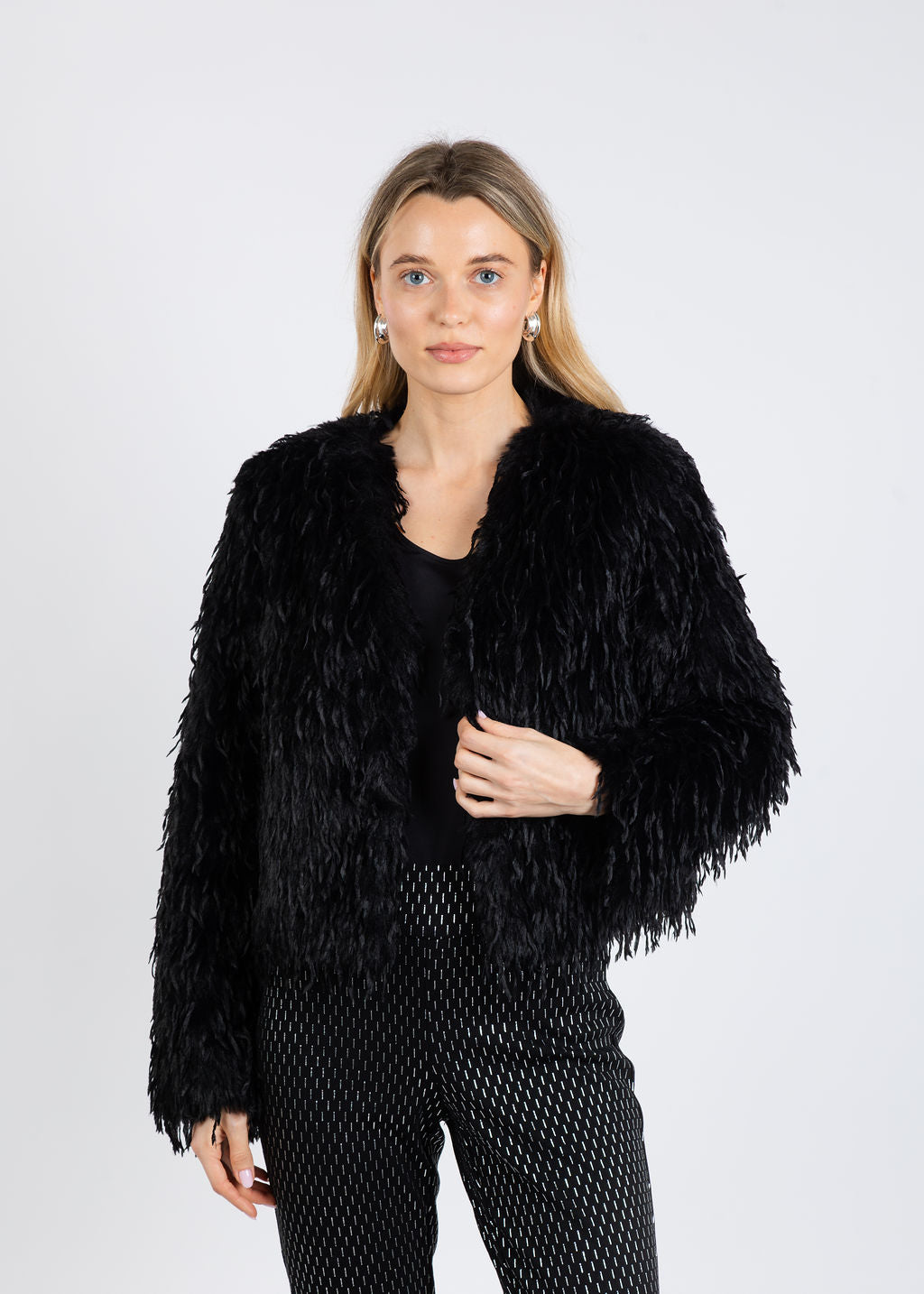 Joseph Ribkoff Faux Fur Collarless Boxy Jacket in Black available at Barbara Katz