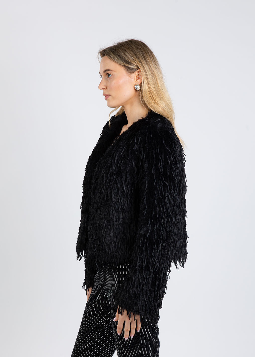 Joseph Ribkoff Faux Fur Collarless Boxy Jacket in Black available at Barbara Katz